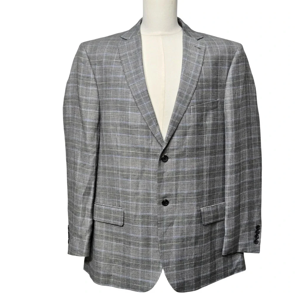 TravelSmith Blazer Mens Large Gray Plaid 2 Button Sport‎ Coat Jacket Classic Fit